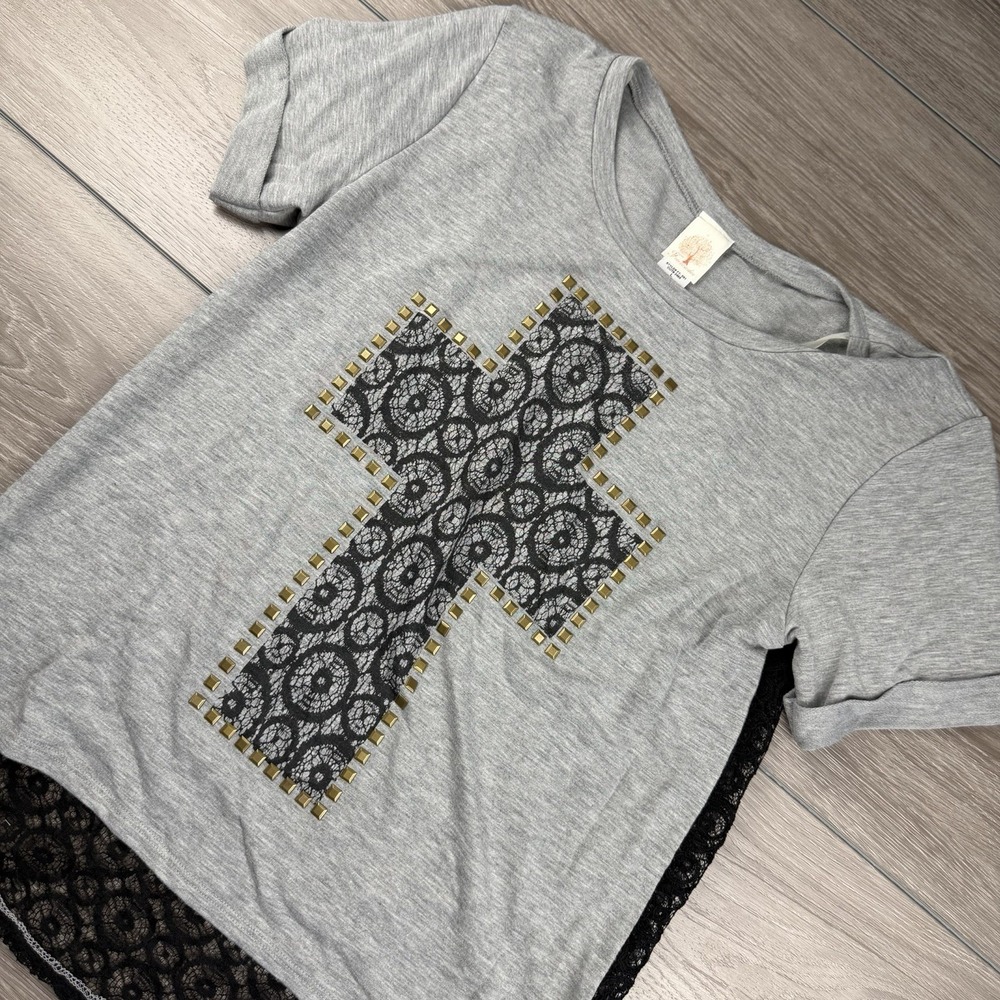 Freeloader Women's Short Sleeve Studded Cross Lace Back Top Grey Large
